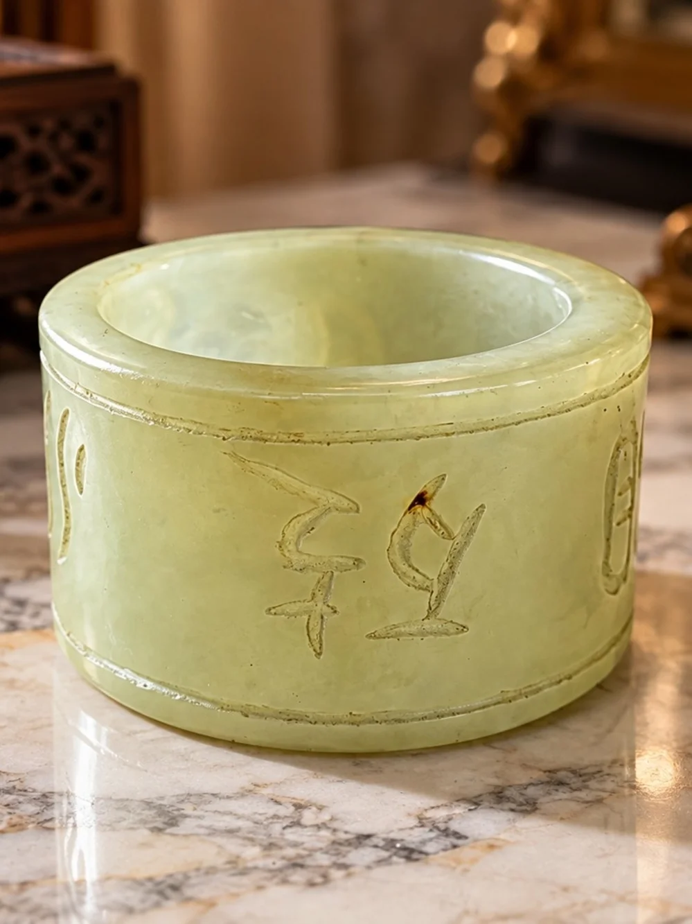 Chinese Nephrite Jade Cylinder Inscribed Character Ornament w/ Wood Stand 55g